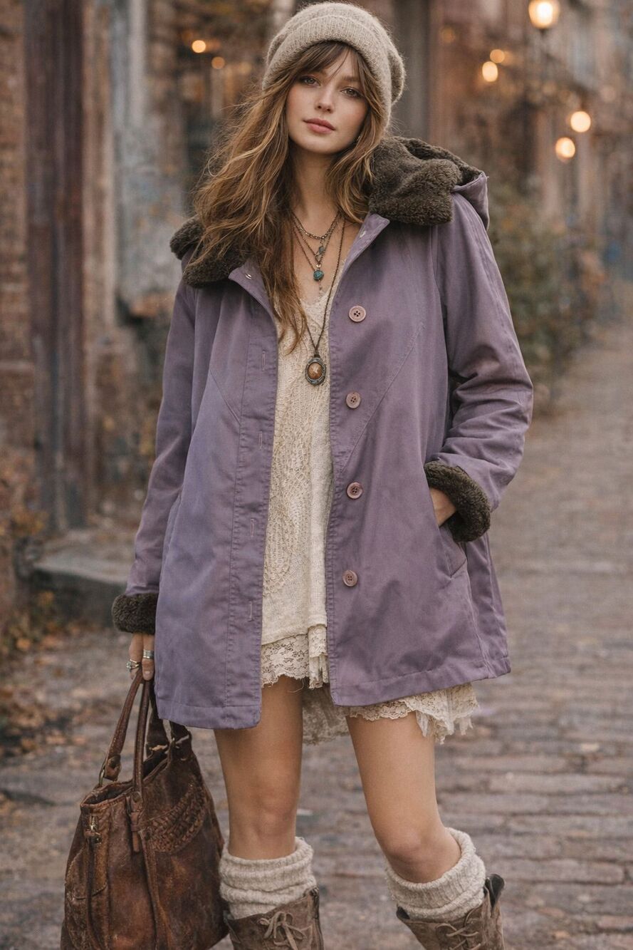 Vintage Fitz Lavender Faux Fur Lined Hooded Winter Parka Coat Womens M/L